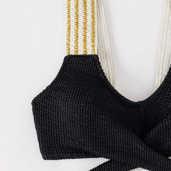 Metallic Striped Wrap Bralette And High Waist Bikini Set XL - Picture 4 of 7